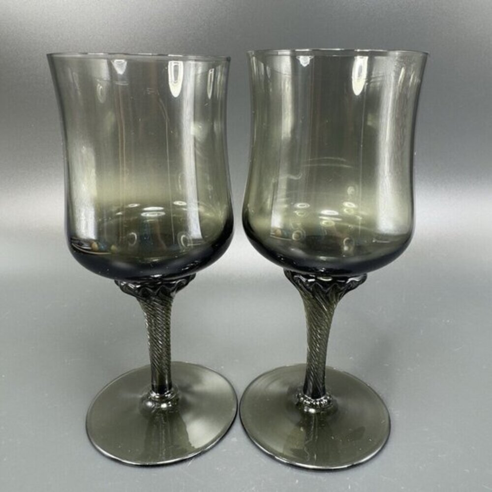Vintage Royal Prestige Smoke Grey Green Twisted Stem Glasses‎ Goblets Cups Set 2